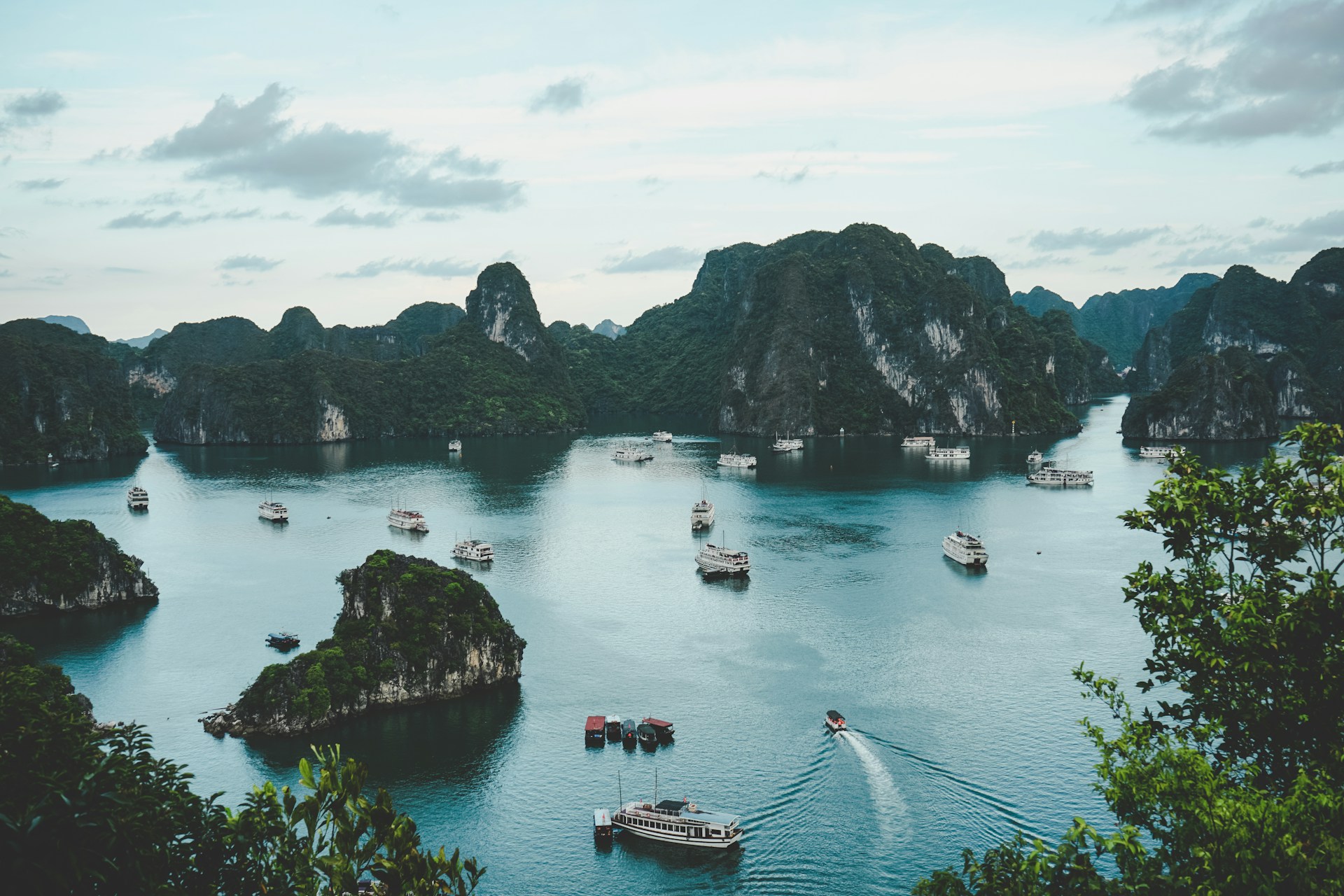 Limestone islands rising from the water in Vietnam